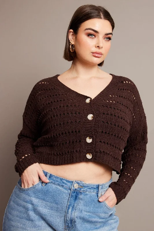 Brown Crochet Knit Cardigan V-neck Print Jacquard Patchwork