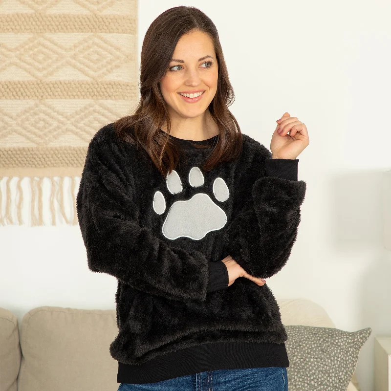 Plush Sherpa Fleece Paw Print Crewneck Pullover Hooded Pullover Sweater