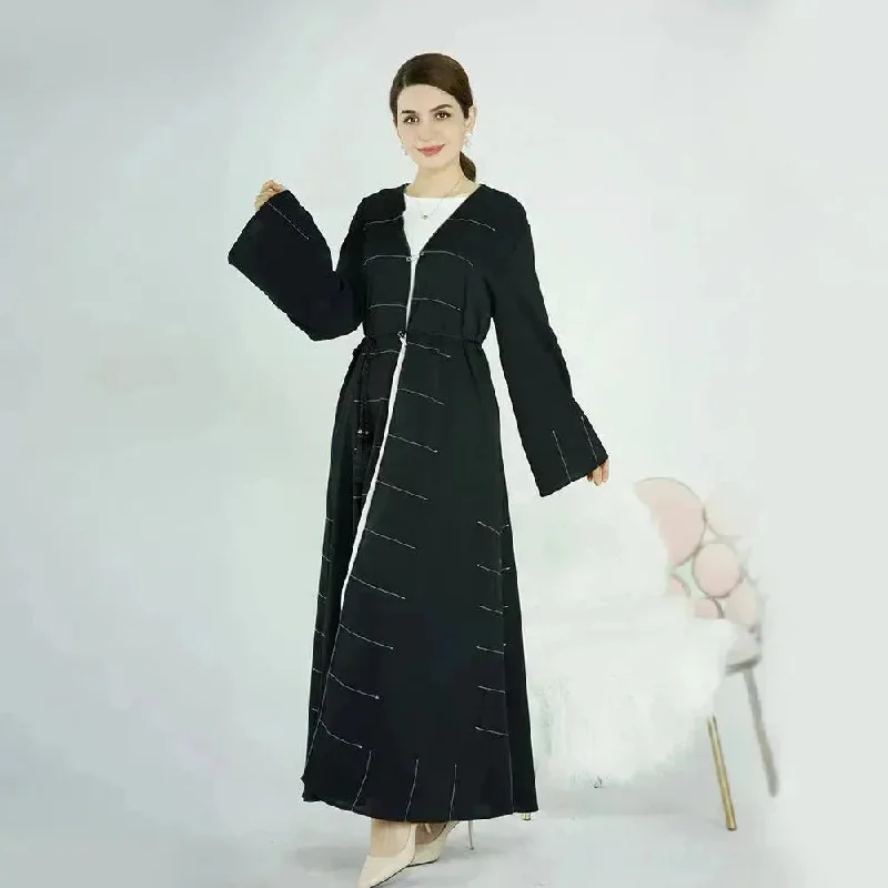 Middle East Turkey Dubai Solid Color Cardigan Dress Patchwork Embroidered Appliqued