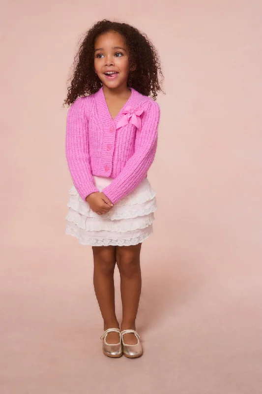Girls Teisha Cardigan - ROSE POMPADOUR Houndstooth Herringbone Solid