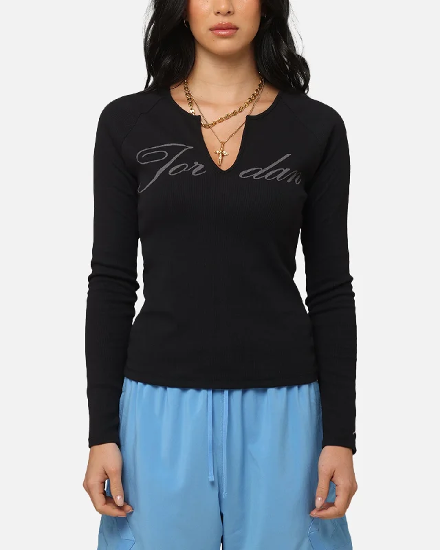 Jordan Women's Long-Sleeve Ribbed Knit Top Black/Medium Grey Mustard Yellow Knit Tee