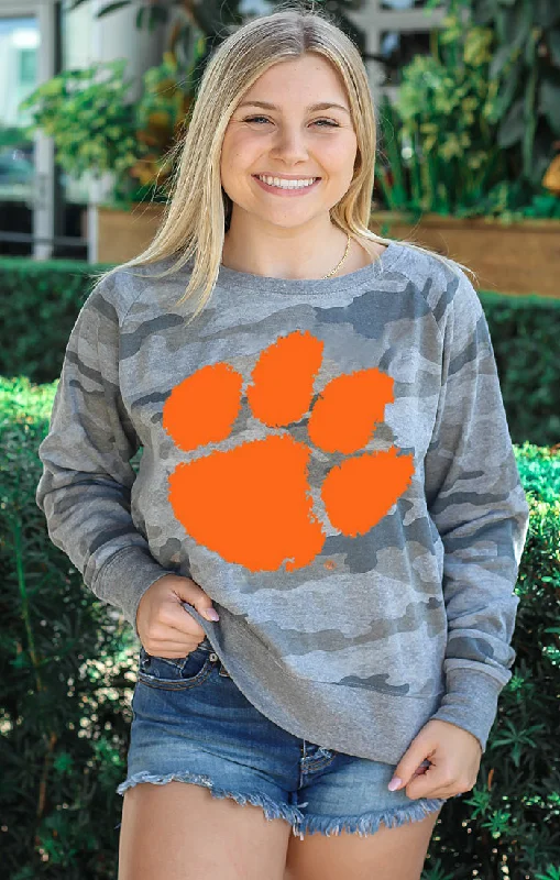 The Clemson Huddle Camo Pullover Flutter Sleeve Feminine