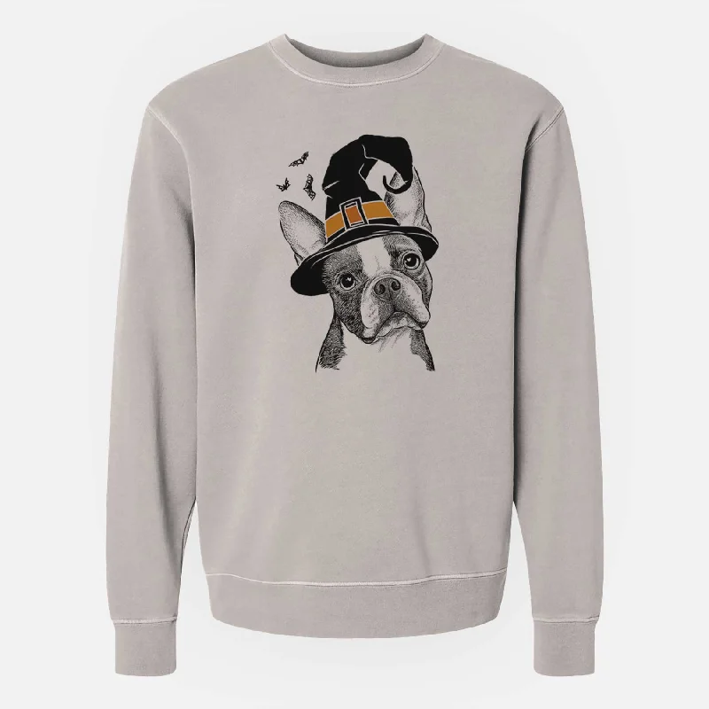 Witch Dee Dee the Boston Terrier - Unisex Pigment Dyed Crew Sweatshirt Hoodie with Emblem Brand Identity Witch Dee Dee the Boston Terrier - Unisex Pigment Dyed Crew Sweatshirt Hoodie with Emblem Brand Identity