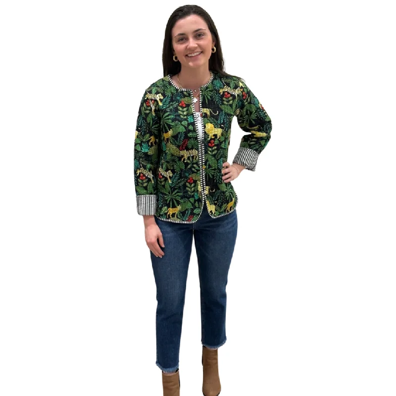 The Madeline Quilted Reversible Jacket in Black Multi Jungle Print Knit Fabric Woven Fabric Fleece Fabric