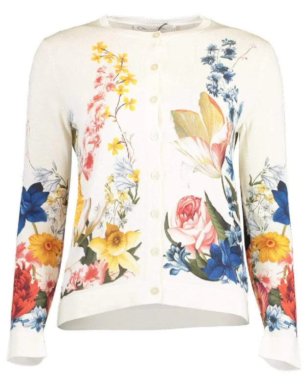 Long Sleeve Button Front Floral Cardigan Notch Collar Peter Pan Collar Cowl Neck