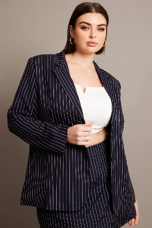 Blue Stripe Pinstripe Blazer Women's Elegant Suit