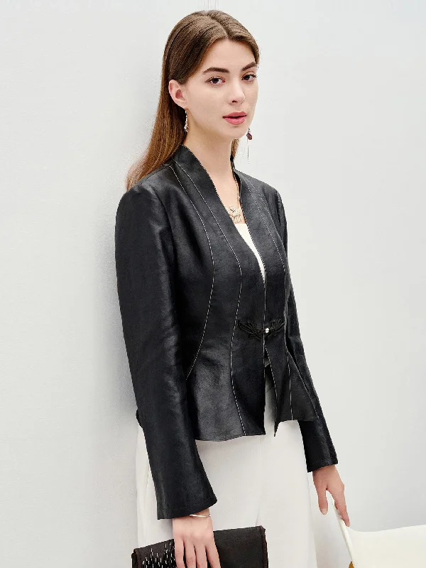 Black Gambiered Guangdong Silk Handcrafted Frog-Button Waist Suit Jacket Welt Pockets Slit Pockets Flap Pockets