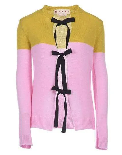 Color Block Bow Fastening Cardigan Soft Cozy Warm