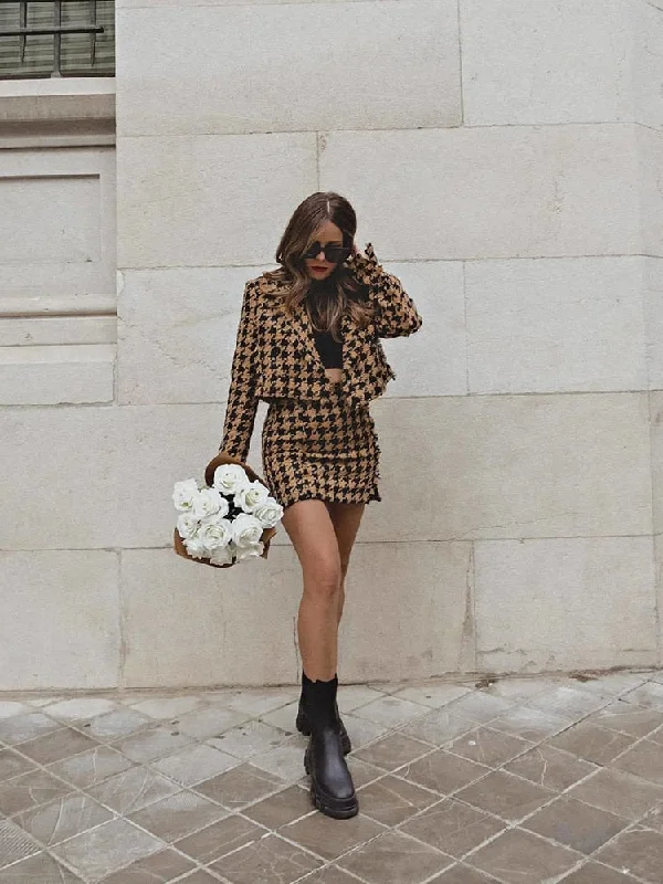 Wjczt Vintage Elegant Houndstooth Plaid Skirts Suits Women Fashion Cropped Texture Blazers Mini Skirts Ladies Outwear Women's Party Jacket Wjczt Vintage Elegant Houndstooth Plaid Skirts Suits Women Fashion Cropped Texture Blazers Mini Skirts Ladies Outwear Women's Party Jacket