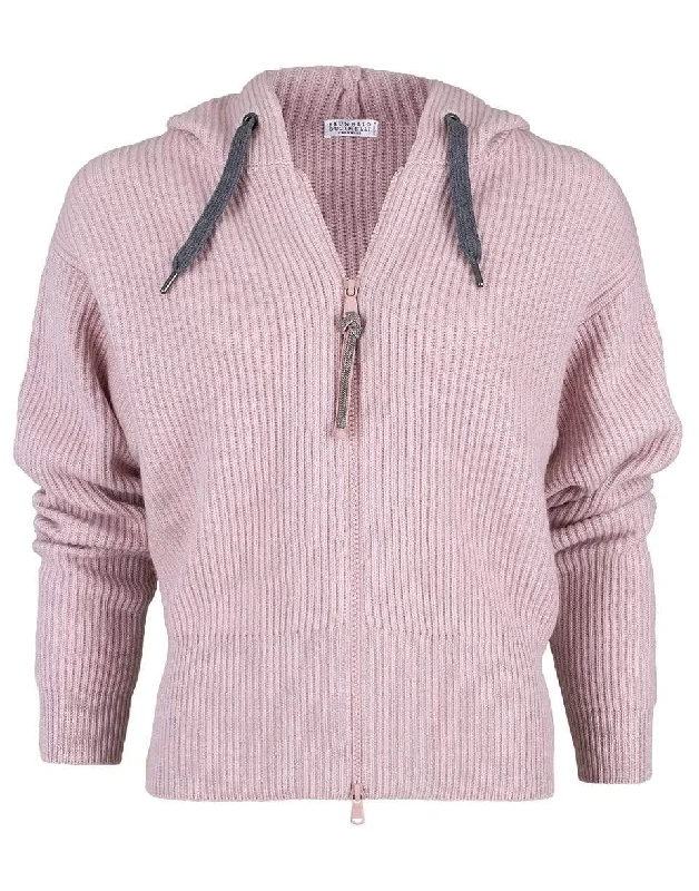 Pastel Pink English Ribbed Zip Cardigan Solid Print Embellished
