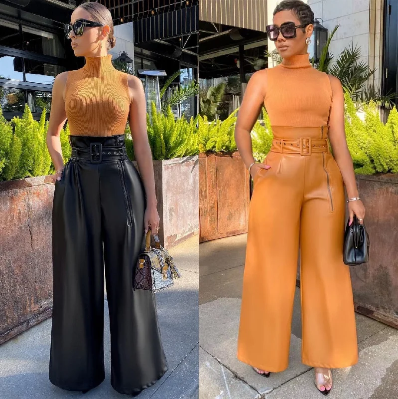 OUDINA Fashion Nightclub High Waist Casual Trousers Women Wide Leg Pant PU Leather Pants Trousers sophisticated sleek OUDINA Fashion Nightclub High Waist Casual Trousers Women Wide Leg Pant PU Leather Pants Trousers sophisticated sleek