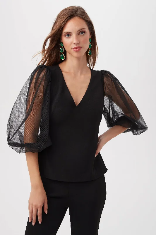 Lilith Crepe Knit Top With Sheer Puff Sleeves Pure White Knit Blouse