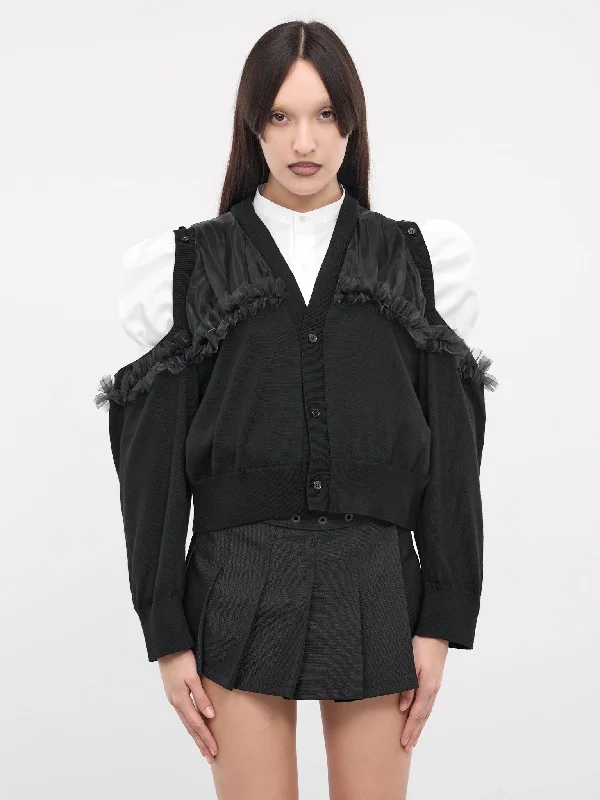 Tulle Overlay Cardigan (3M-N002-051-BLACK) Toggled Drawstring Belted