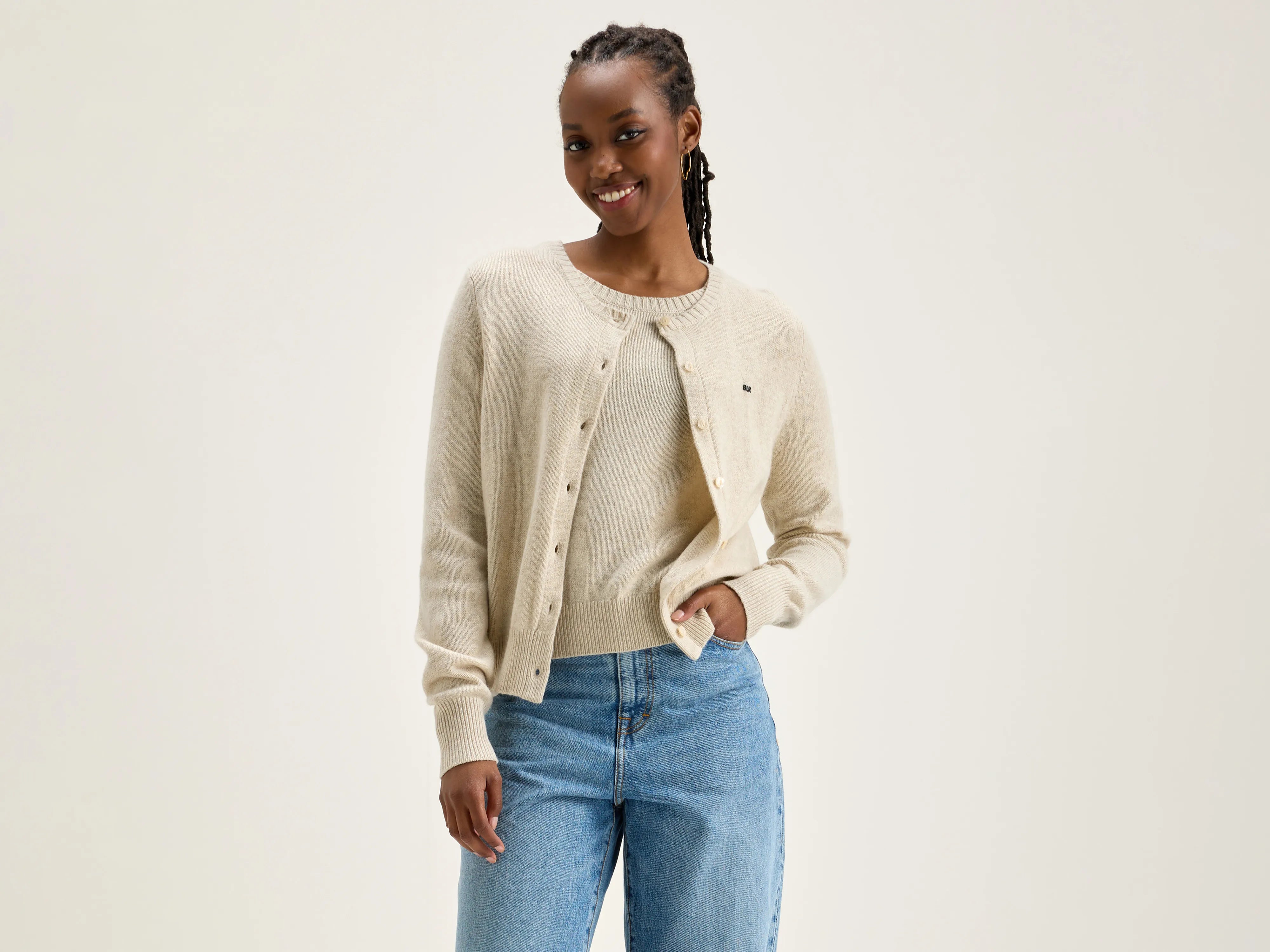Giwes crew-neck cardigan (242 / W / SUGARCANE) Real Fur Shearling Chenille