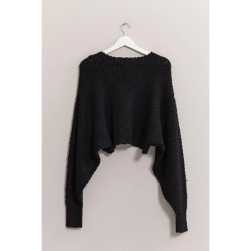 Black Popcorn Knit Cropped Pullover Deep Neck Pullover