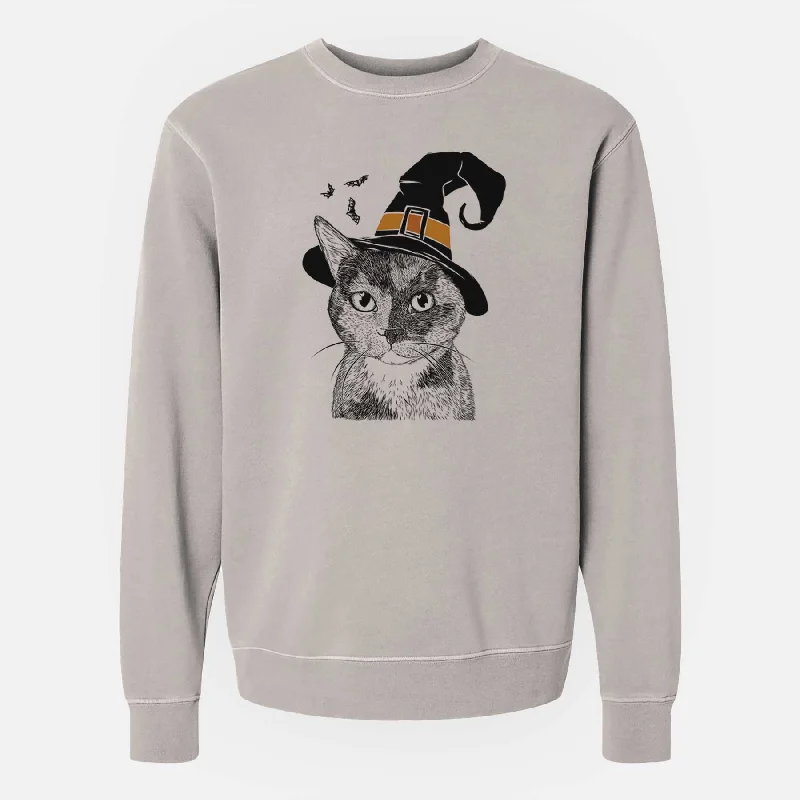 Witch Spooky Kitty the Tortoiseshell Cat - Unisex Pigment Dyed Crew Sweatshirt Hoodie with Pocket Utility Practical