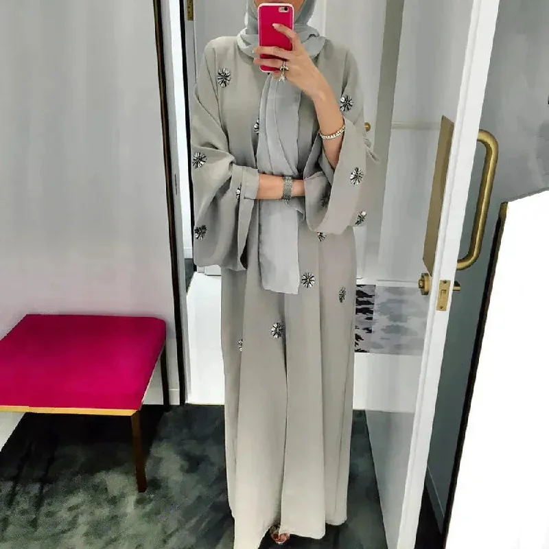 Elegant Embroidered Beaded Middle East Cardigan Robe Dress Open front Abaya Kimono Fleece Fabric Down Fabric Feather Fabric