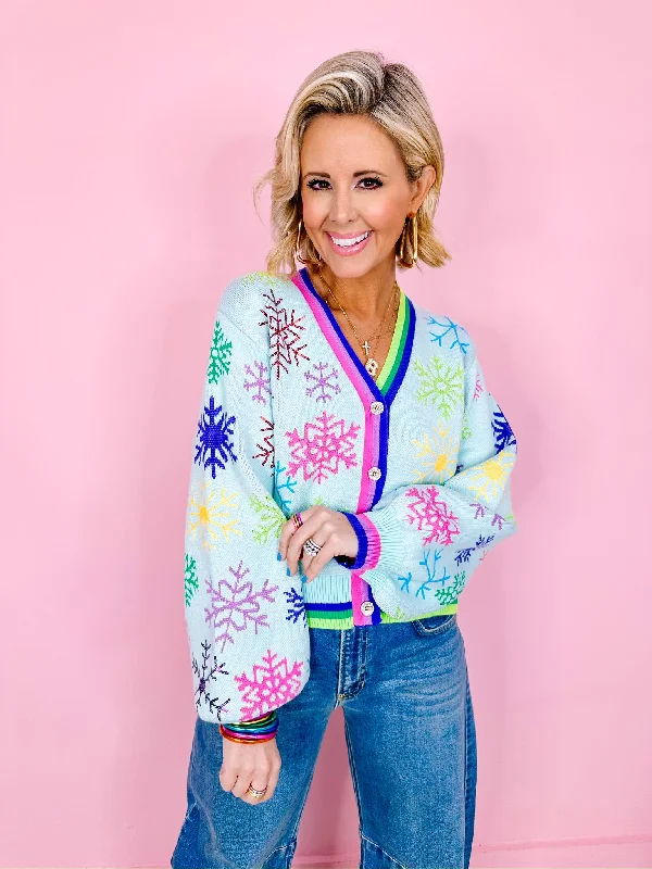 RAINBOW SNOWFLAKE CARDIGAN - BLUE Houndstooth Herringbone Solid