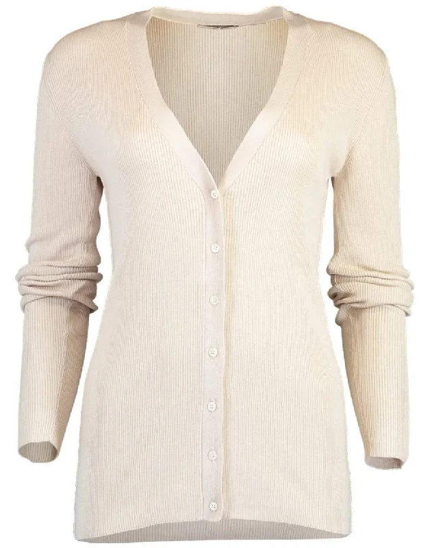 Taupe Ribbed Cardigan Silk Blend Satin Velvet