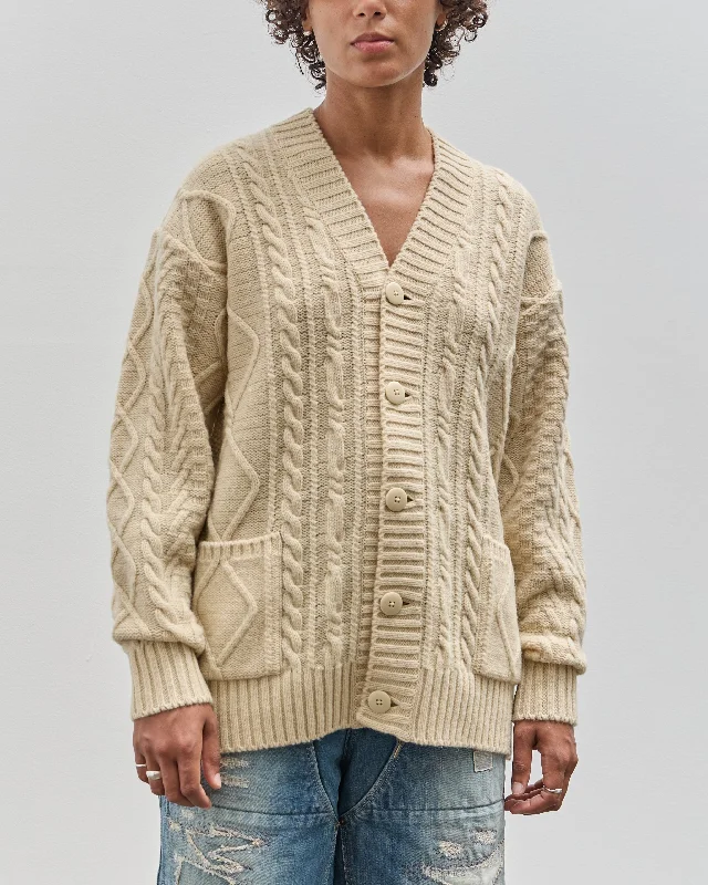 Kapital 5G Wool Cable Knit Rainbowy Patch Cardigan, ecru Zippered Front Buttoned Front Snap Front