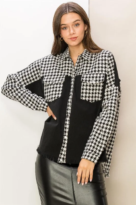 HYFVE Houndstooth Contrast Raw Hem Jacket Oversized Jacket Tailored Jacket Straight Jacket
