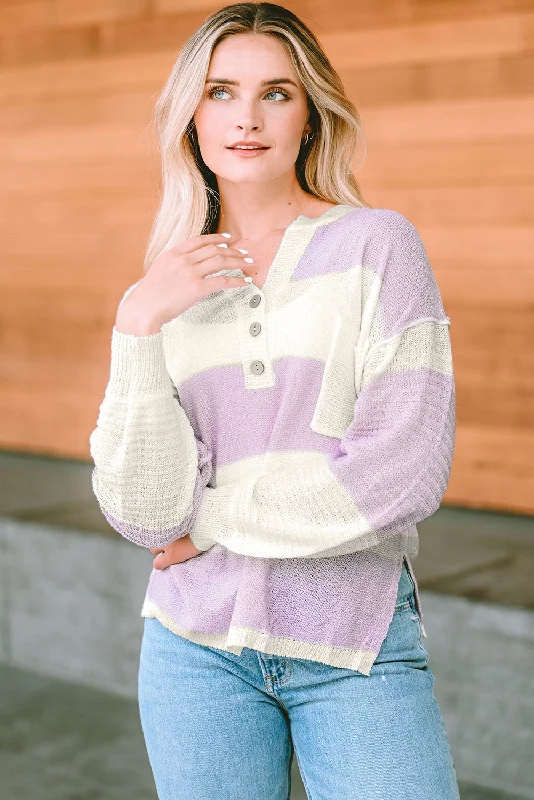 Notched Neck Color Block Dropped Shoulder Knit Top Long Sleeve Knit Tee