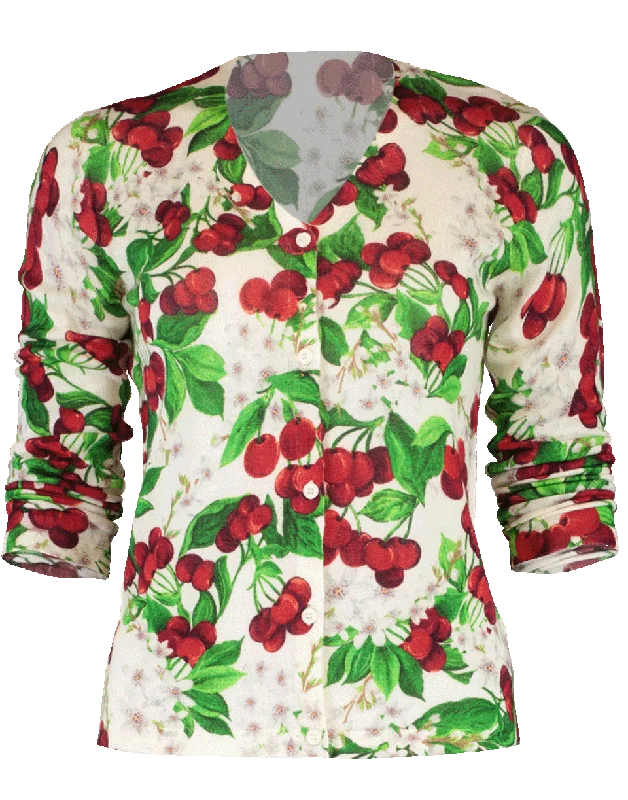 Red Cherry Blossom Print Cardigan Seamless Knitted Crochet