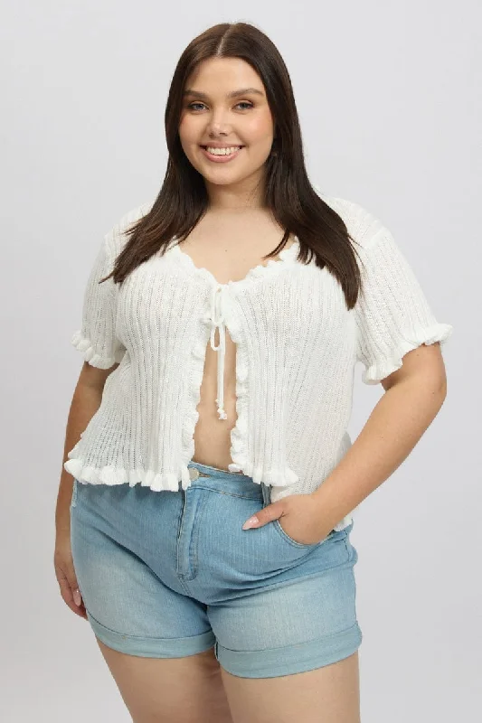 White Tie Up Cardigan Short Sleeve Thin Thick Dense