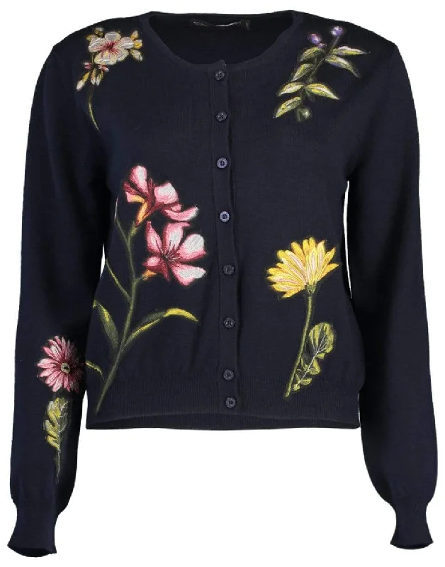 Navy Long Sleeve Floral Embroidered Cardigan Elegant Classic Vintage