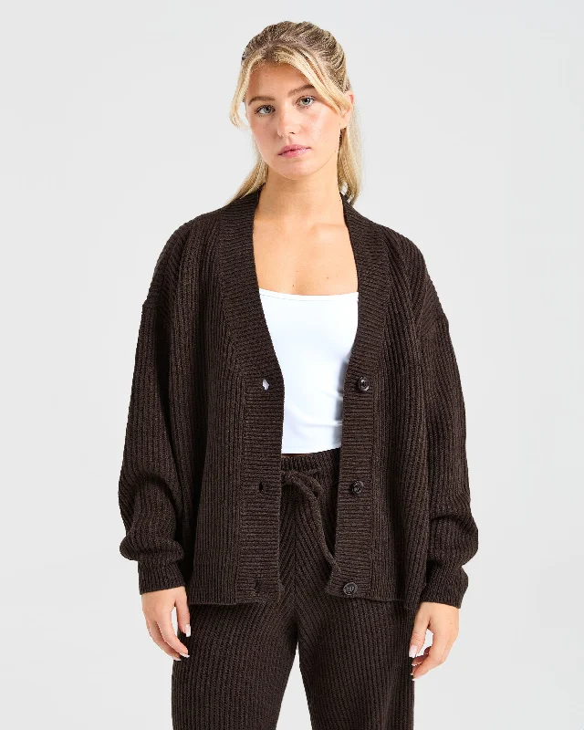 Lounge Oversized Knit Cardigan - Deep Cocoa Brown Slim Fit Regular Fit Oversized