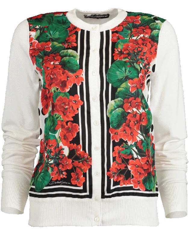 Silk Front Crewneck Cardigan Chenille Brocade Lace