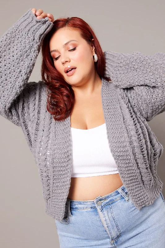 Grey Knit Cardigan Long Sleeve Relaxed Fit Cable Cashmere Blend Cotton Blend Poly Blend