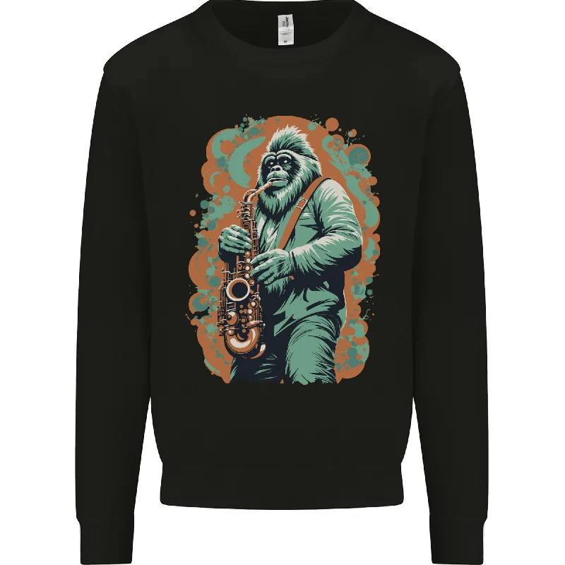 Bigfoot Playing the Saxophone Ape Gorilla Mens Sweatshirt Jumper Hoodie with Elastic Cuffs Stretchable Comfortable