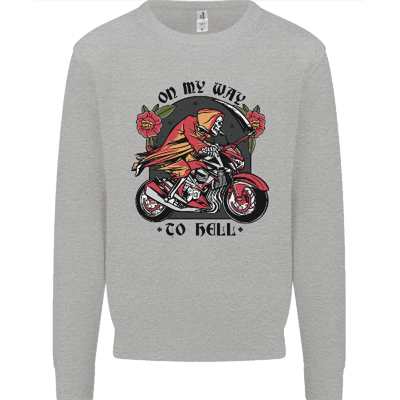 Biker On My Way to Hell Motorbike Skull Mens Sweatshirt Jumper Hoodie with Rhinestones Sparkly Elegant