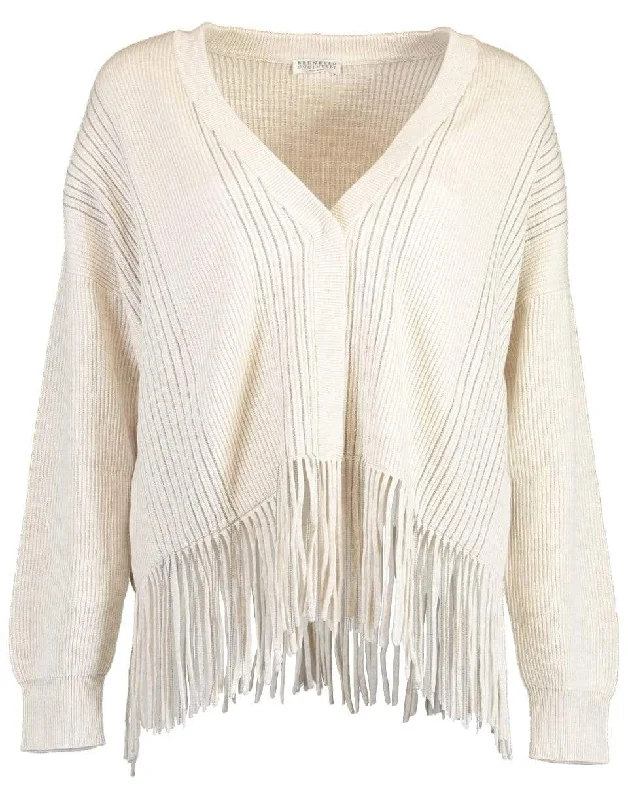 English Rib and Monili Fringe Cardigan Cable Knit Ribbed Knit Lace Knit