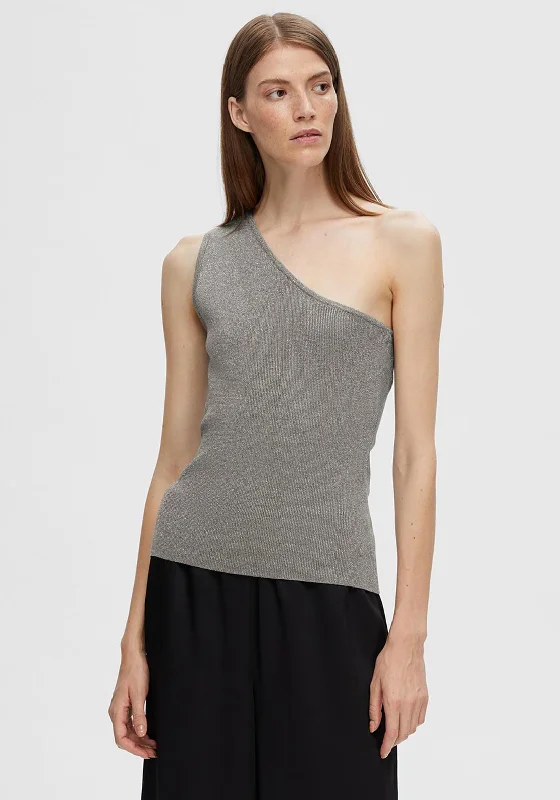 Selected Femme Lura One Shoulder Sparkly Knit Top, Grey Trendy Knit Top