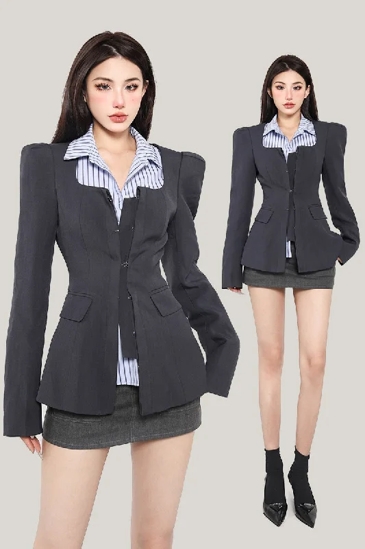 Silia Solid Color Korean Style Well Fitted Long Sleeve Blazer Multi-Pocket Slim Cargo Mini Skirt Matching Set Women's Party Jacket Silia Solid Color Korean Style Well Fitted Long Sleeve Blazer Multi-Pocket Slim Cargo Mini Skirt Matching Set Women's Party Jacket