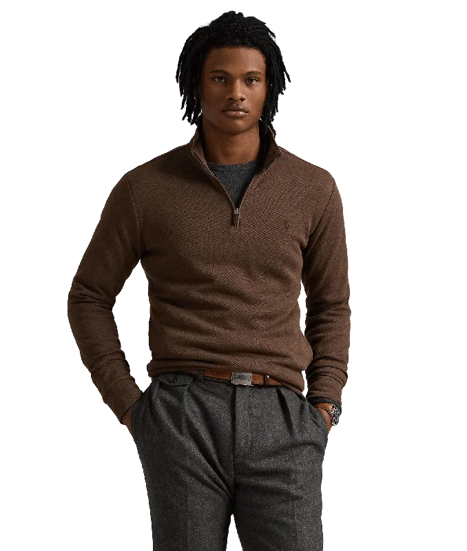 Double-knit Mesh Quarter-zip Pullover - Brown Faux Fur Trim