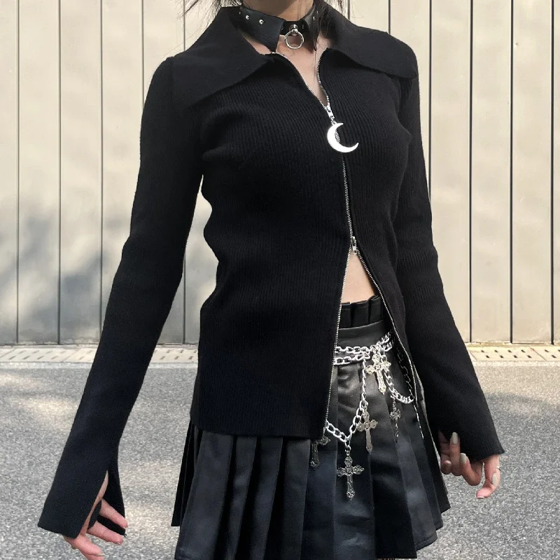 Women's Punk Turn-down Collar Double-zipper Cardigan Sequined Glittery Shiny