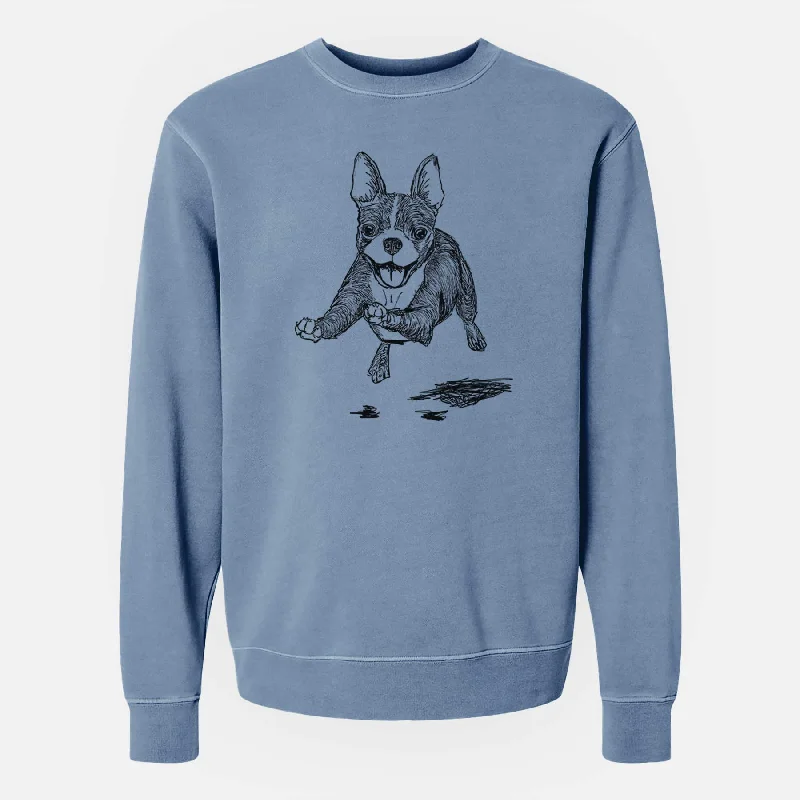 Doodled FiFi the Boston Terrier - Unisex Pigment Dyed Crew Sweatshirt Hoodie with Sequins Glamorous Eye-catching