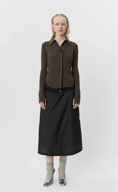 Knitted Collar Cardigan - Chestnut Lace Blend Ribbed Blend Corduroy Blend