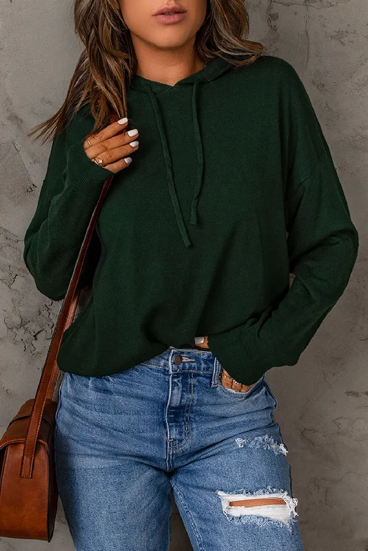 Dropped Shoulder Drawstring Hooded Knit Top Scoop Neck Knit Tee