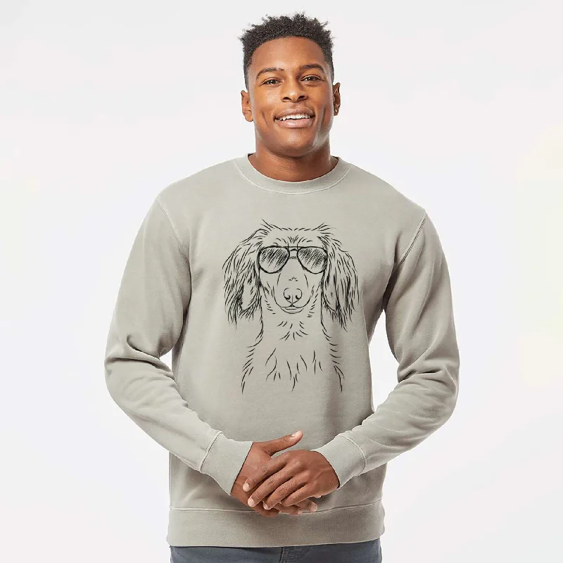 Aviator Roux the Long Haired Dachshund - Unisex Pigment Dyed Crew Sweatshirt Hoodie with Slit Hem Functional Movement Aviator Roux the Long Haired Dachshund - Unisex Pigment Dyed Crew Sweatshirt Hoodie with Slit Hem Functional Movement