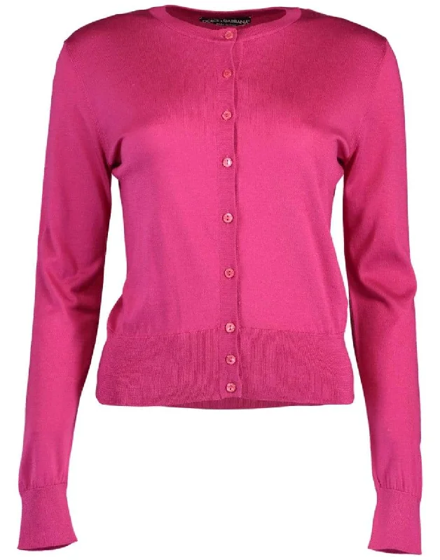 Button Front Silk Crewneck Cardigan Glossy Satin Silk