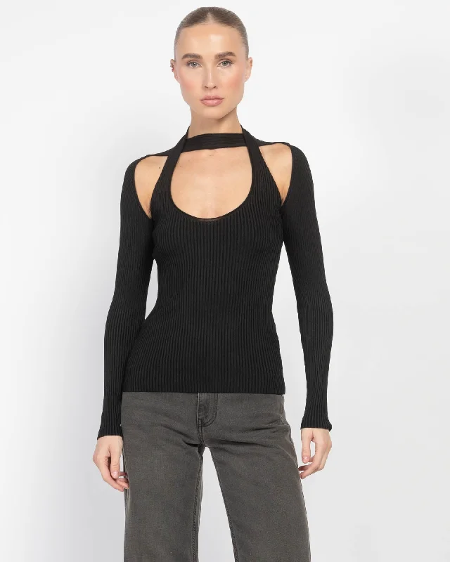 Long Sleeve Cut-Out Knit Top Ribbed Knit Shirt
