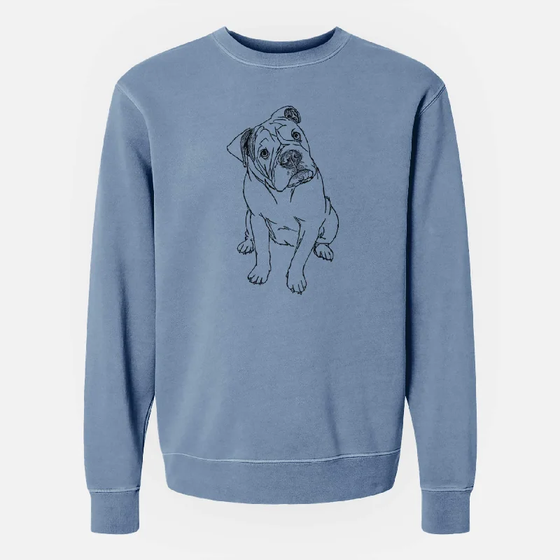 Doodled Archie the Olde English Bulldog - Unisex Pigment Dyed Crew Sweatshirt Hoodie with Stripes Bold Sporty