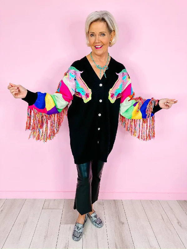 RAINBOW FRINGE HORSE HEADS CARDIGAN DRESS - BLACK Striped Floral Plaid