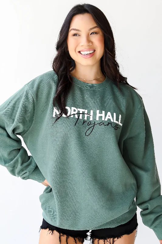 Green North Hall Trojans Sweatshirt Hoodie with Raglan Sleeves Sporty Comfortable