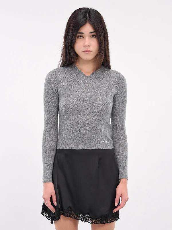 Lace-Trimmed V-Neck Knit Top (TO26-RTI068-GREY) Minimalist Knit Blouse