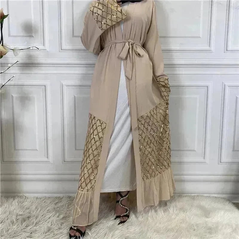 Sequined Embroidered Outerwear Robe  Turkey Arab Dubai Middle East Women's Chiffon Cardigan Abaya Dress Open Front Closed Front Wrap Front